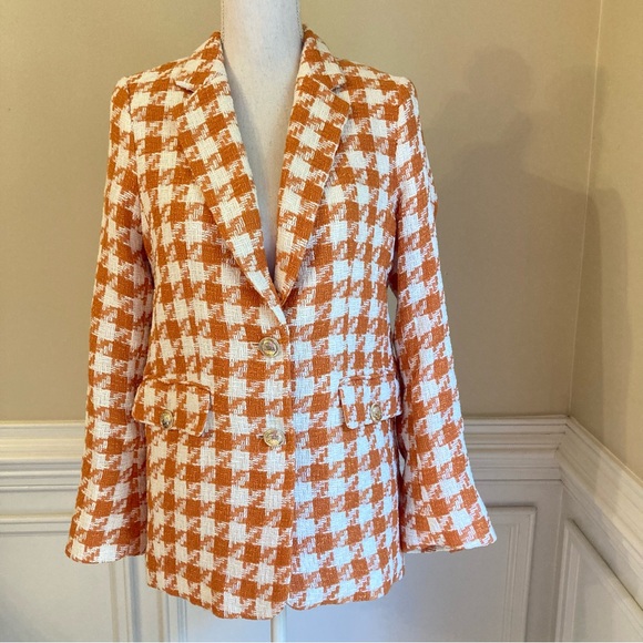 H&M Orange Ivory White Tweed Houndstooth Check Blazer Gold Crest Buttons - Picture 2 of 9